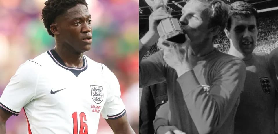 Young player in England kit beside historic trophy celebration