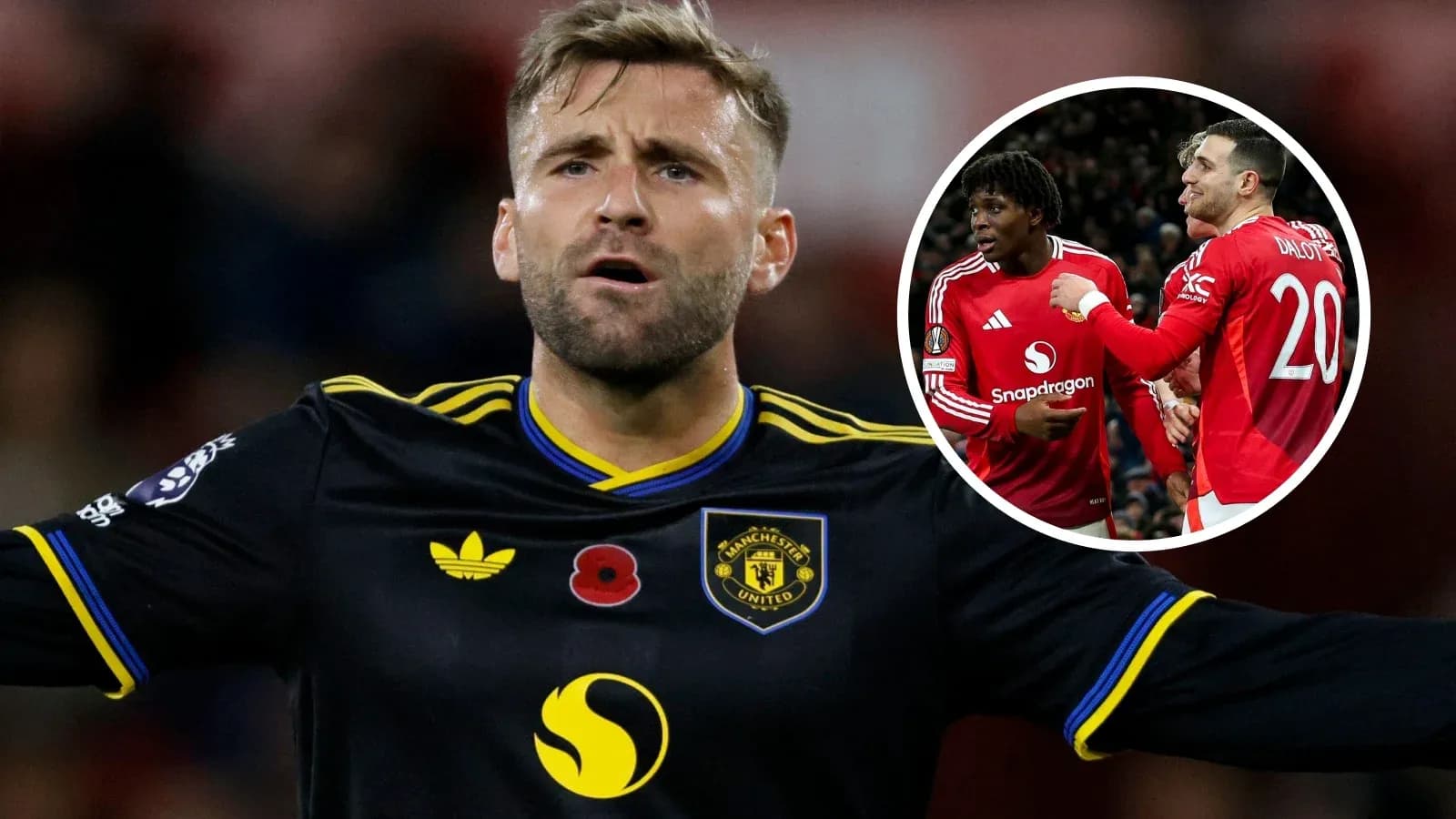 Luke Shaw gesturing during match with teammates celebrating