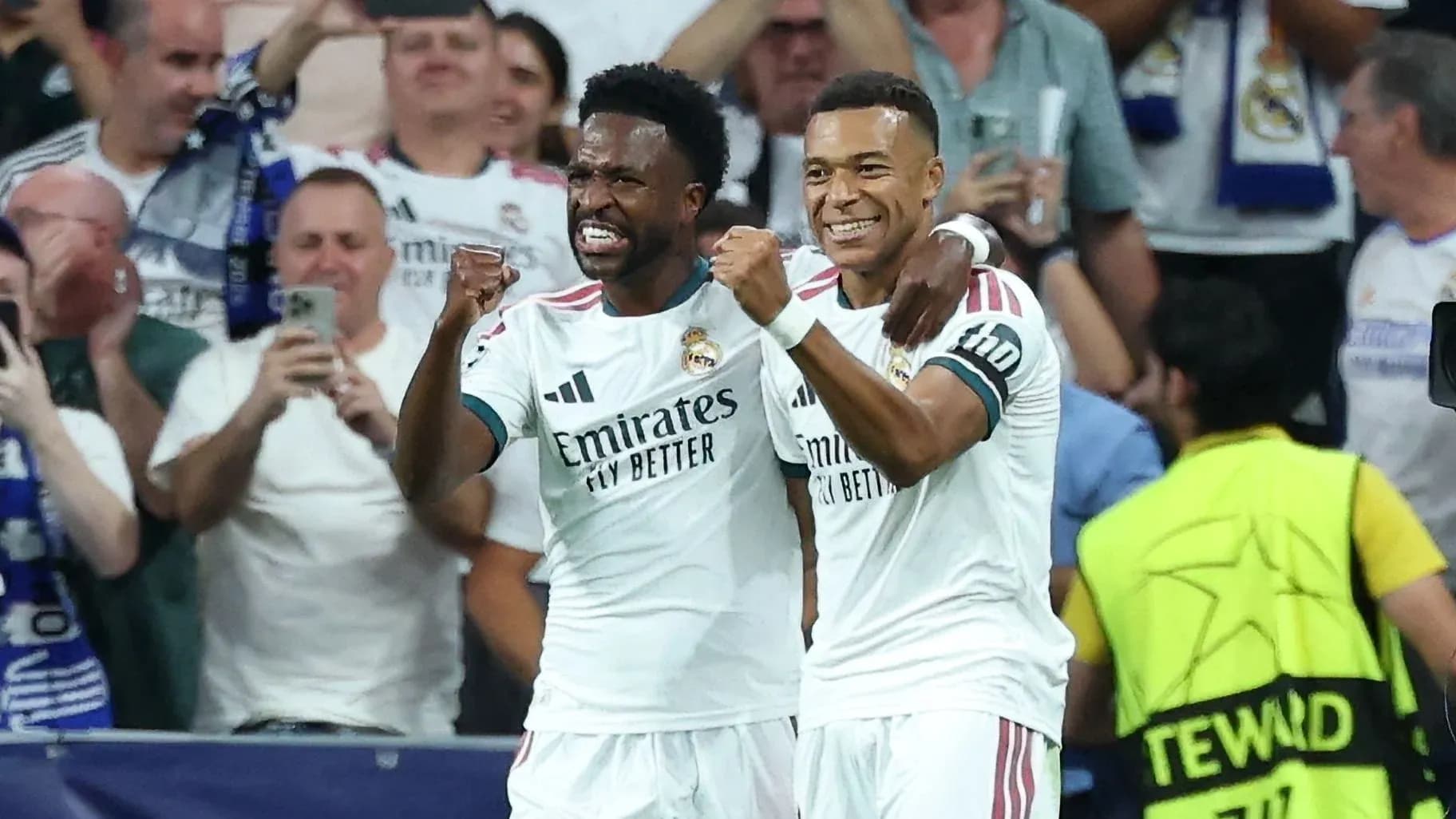 Real Madrid players celebrating a goal together