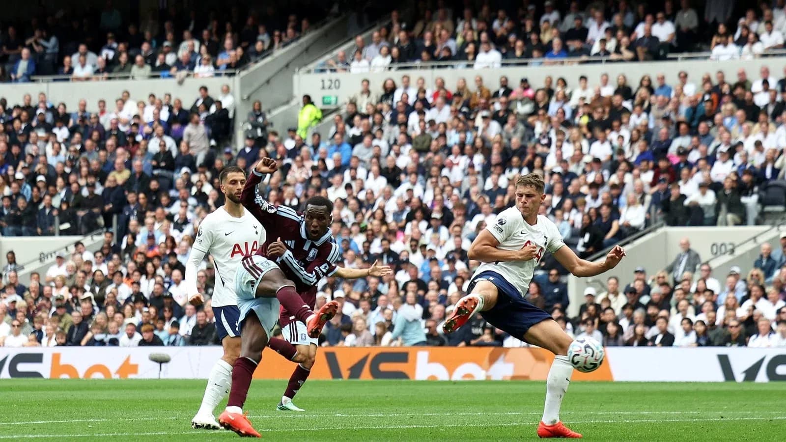 Player kicking ball during match between Tottenham and Aston Villa