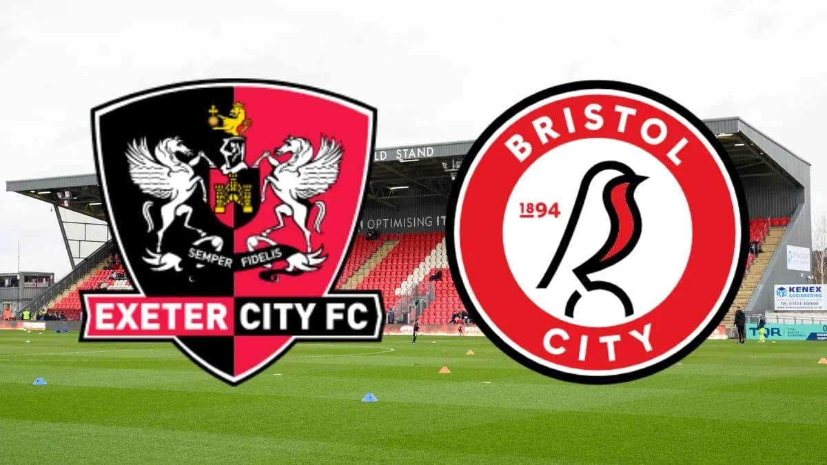 Exeter City and Bristol City logos on stadium background