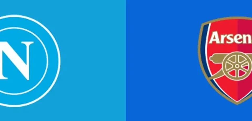 Napoli and Arsenal team logos on blue background