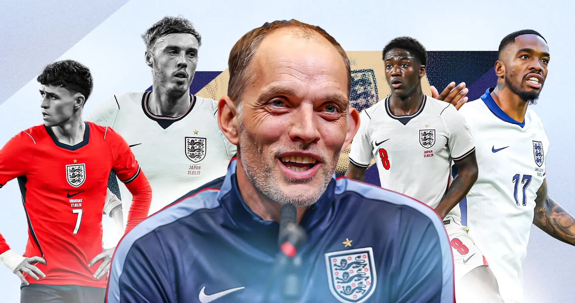 Tomáš Tuchel speaking with England players in background