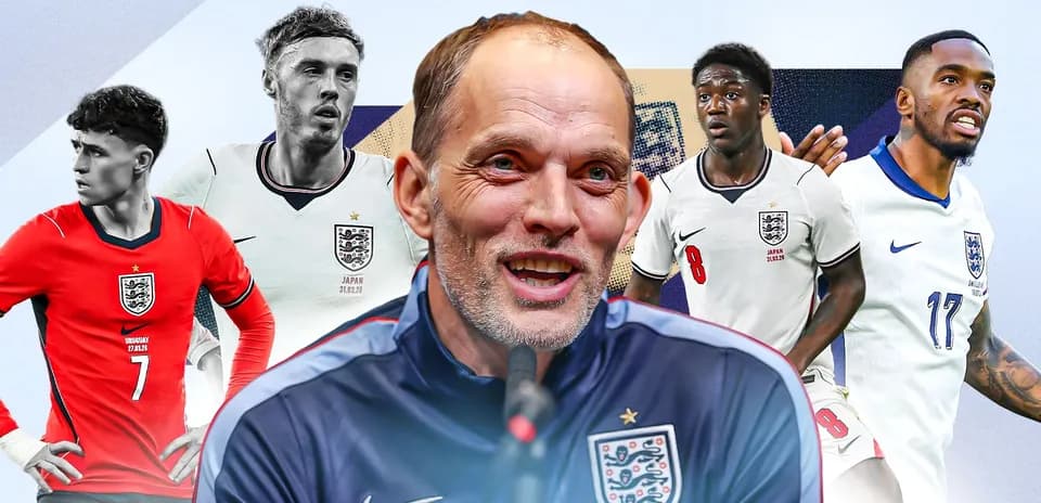 Tomáš Tuchel speaking with England players in background