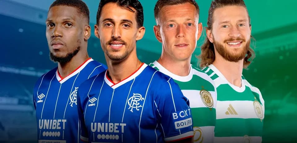 Players from Rangers and Celtic in team jerseys