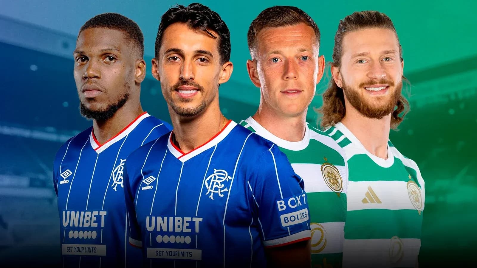 Players from Rangers and Celtic in team jerseys