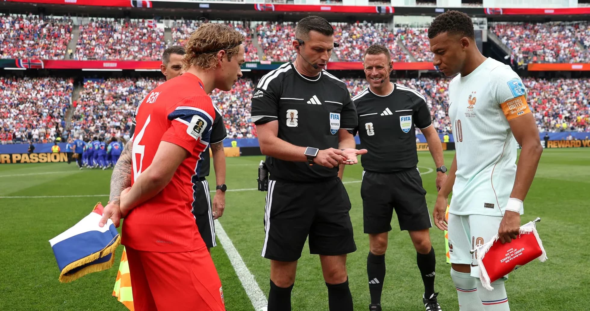 Captains and referees during coin toss before match