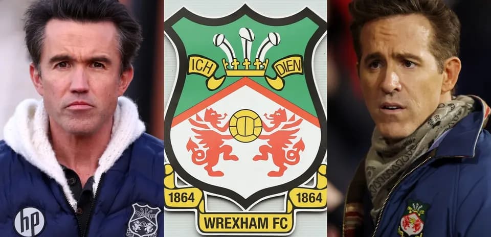Wrexham FC logo between two men in jackets
