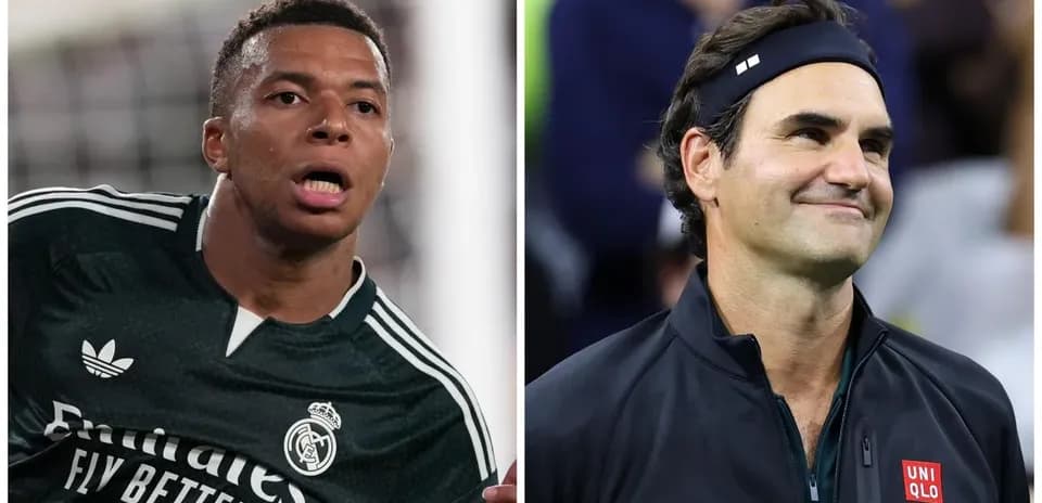Kylian Mbappé in football kit and Roger Federer smiling