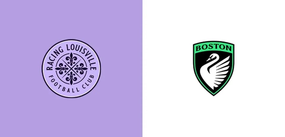Logos of Racing Louisville and Boston football clubs