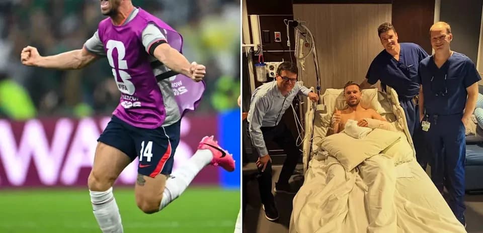 Player celebrating a goal and in hospital with doctors