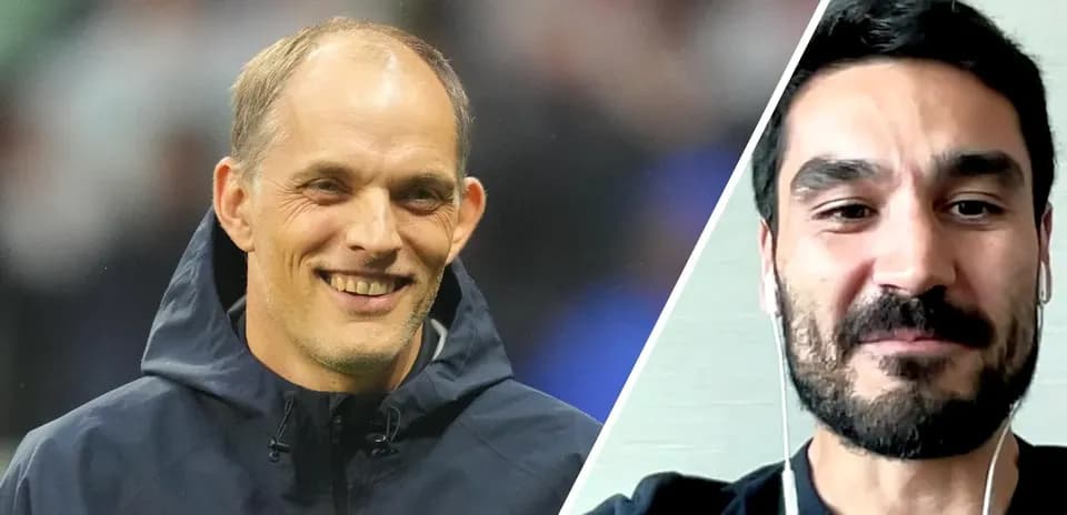 Thomas Tuchel and Ilkay Gündogan smiling during conversation