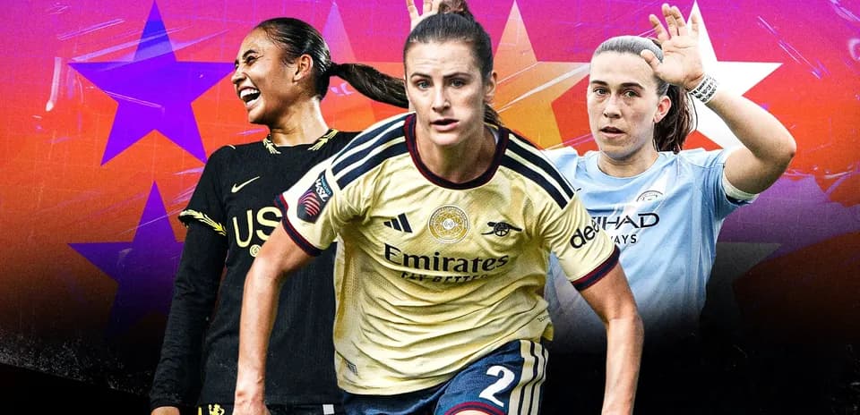 Three female soccer players in team jerseys