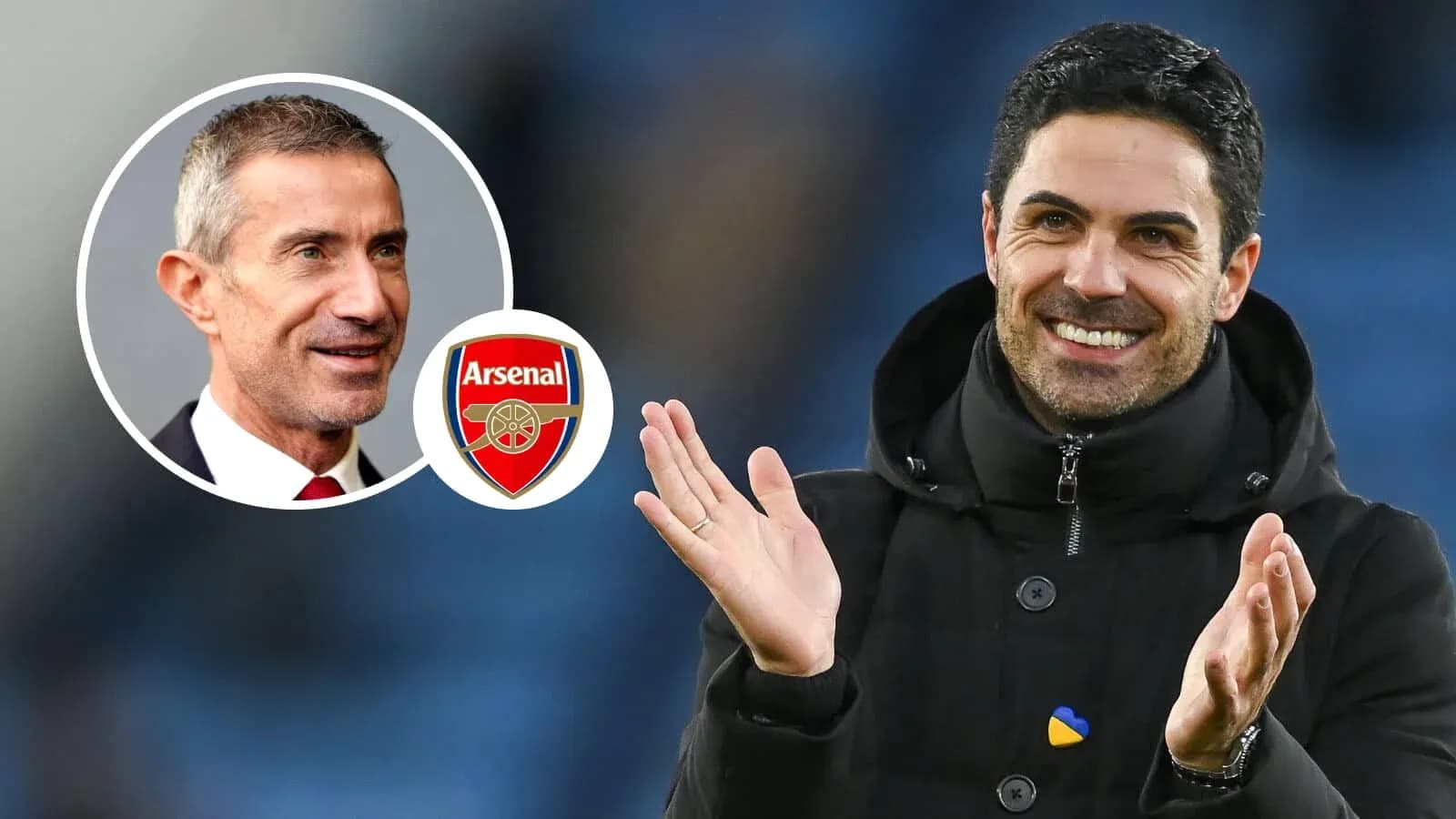 Mikel Arteta applauding during a match with Arsenal logo