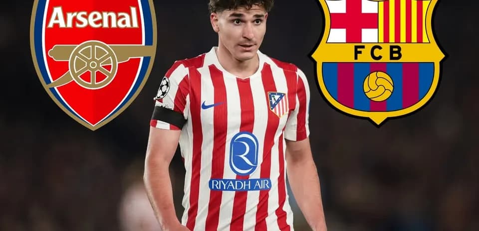 Atletico Madrid player with club logos of Arsenal and Barcelona