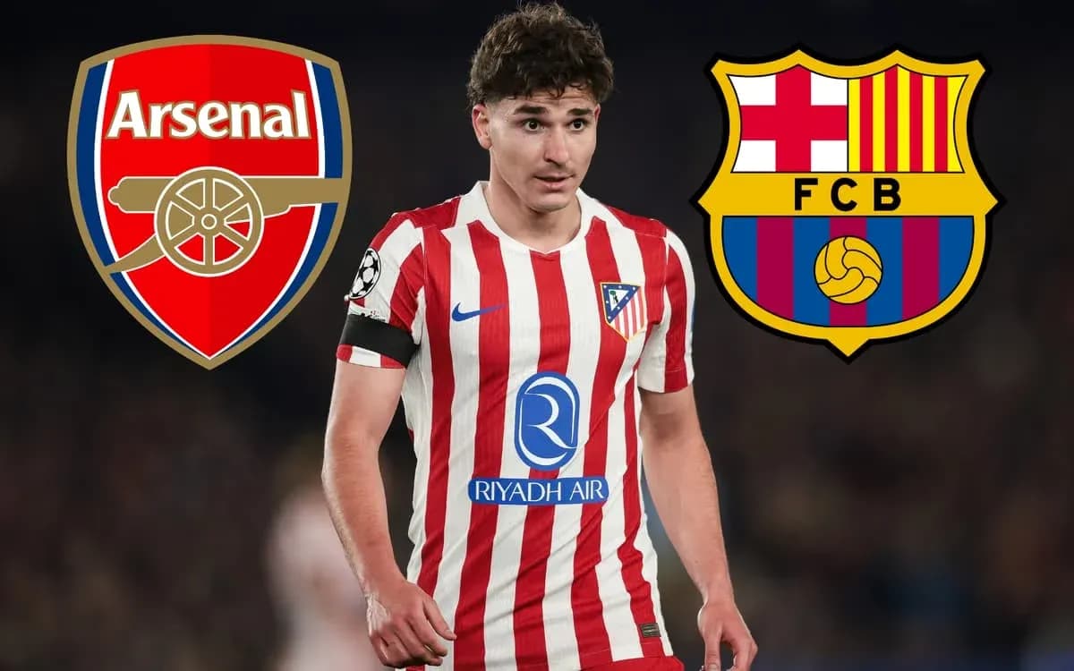 Atletico Madrid player with club logos of Arsenal and Barcelona