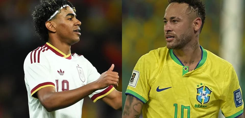 İki futbolçu, biri İspaniya, digəri Braziliya formasında