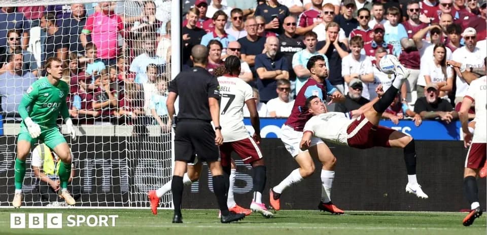 Player attempting overhead kick during football match