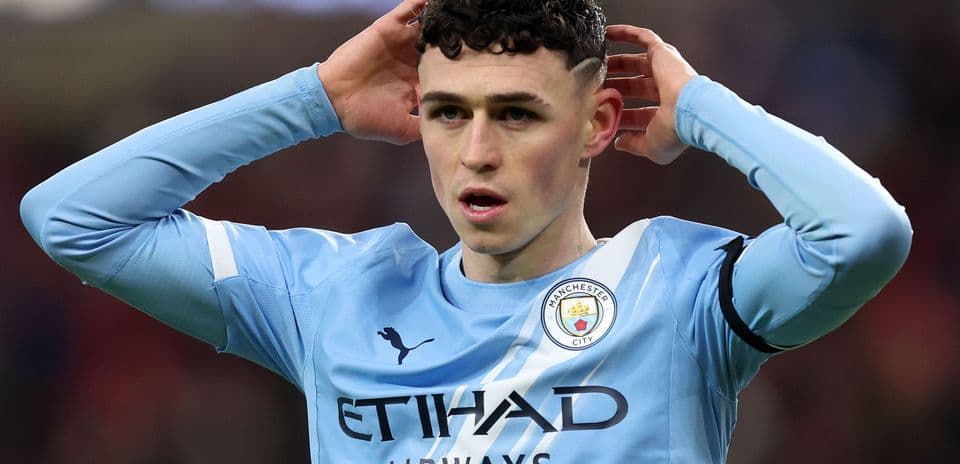 Phil Foden reacting during Manchester City match