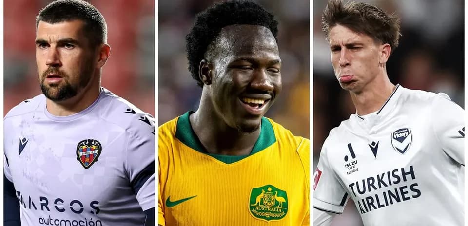 Three soccer players in various team jerseys