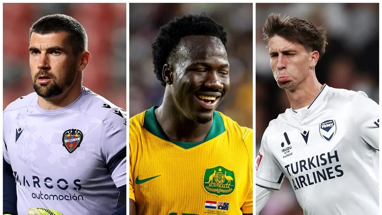 Three soccer players in various team jerseys