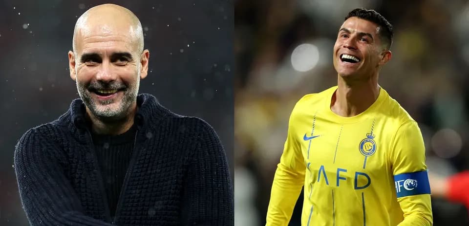 Pep Guardiola and Cristiano Ronaldo smiling during event