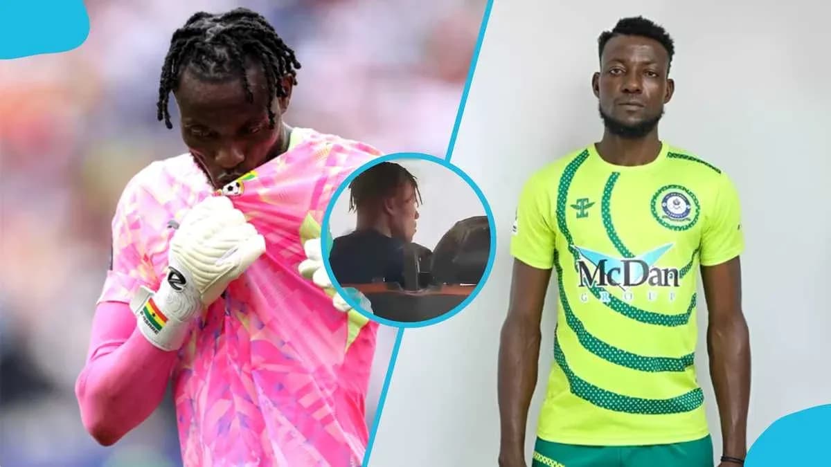 Goalkeeper in pink kit and player in green kit