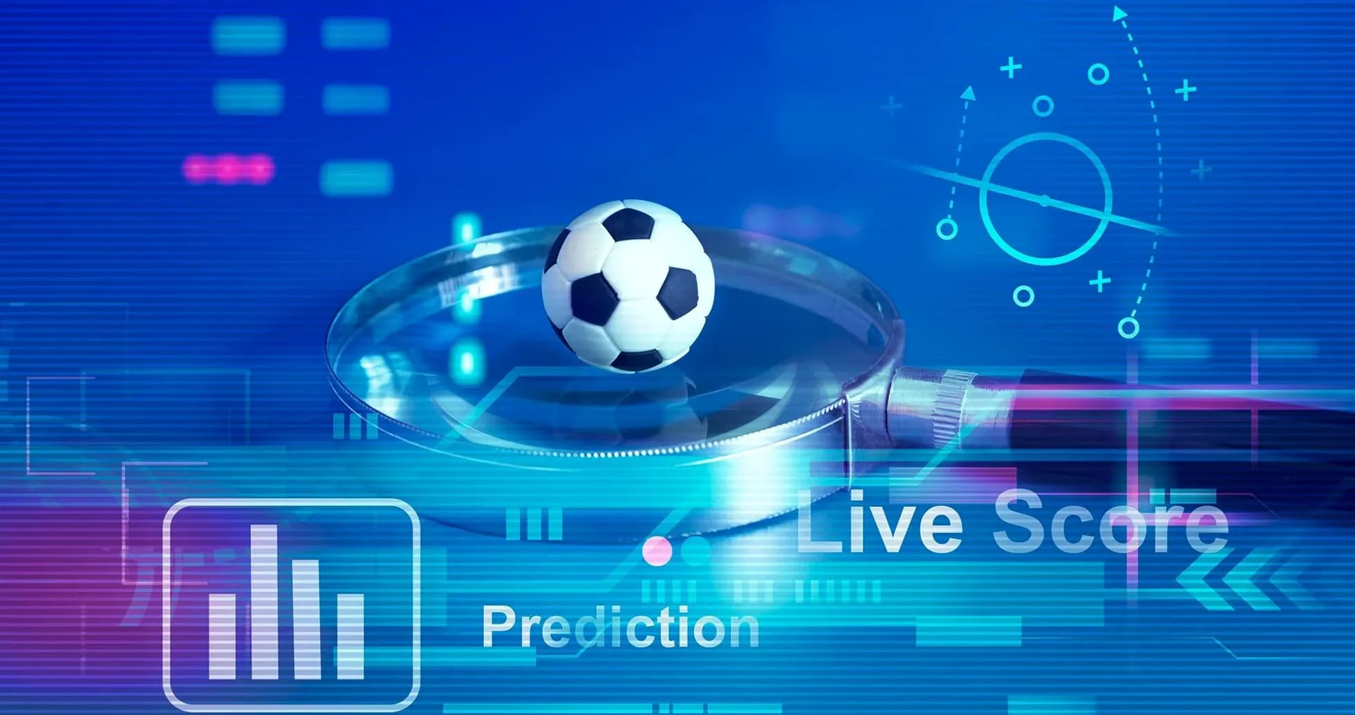 Futbol topu büyüteç altında dijital grafiklerle