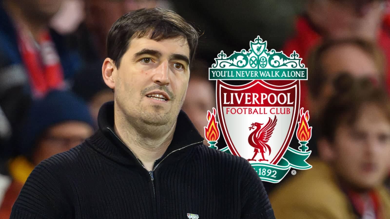 Person observing match with Liverpool FC logo in background