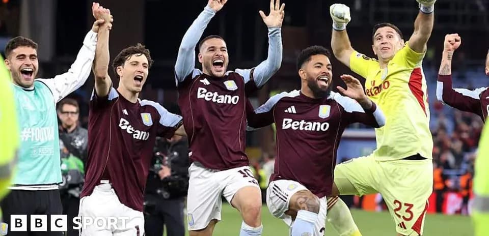 Aston Villa players celebrating a victory on the field
