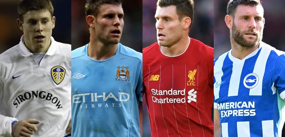 Four football players in different team jerseys