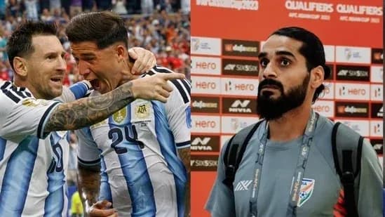 Argentina players celebrating goal; man at press conference