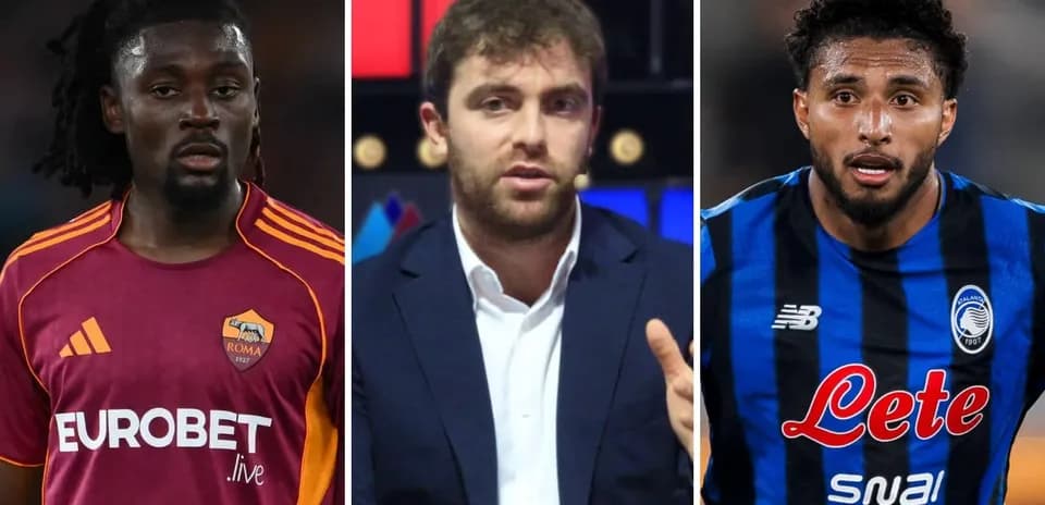 Football players and commentator in split image