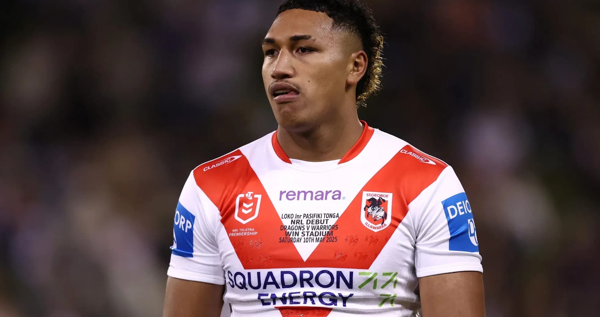 Rugby player in St George Illawarra jersey on field