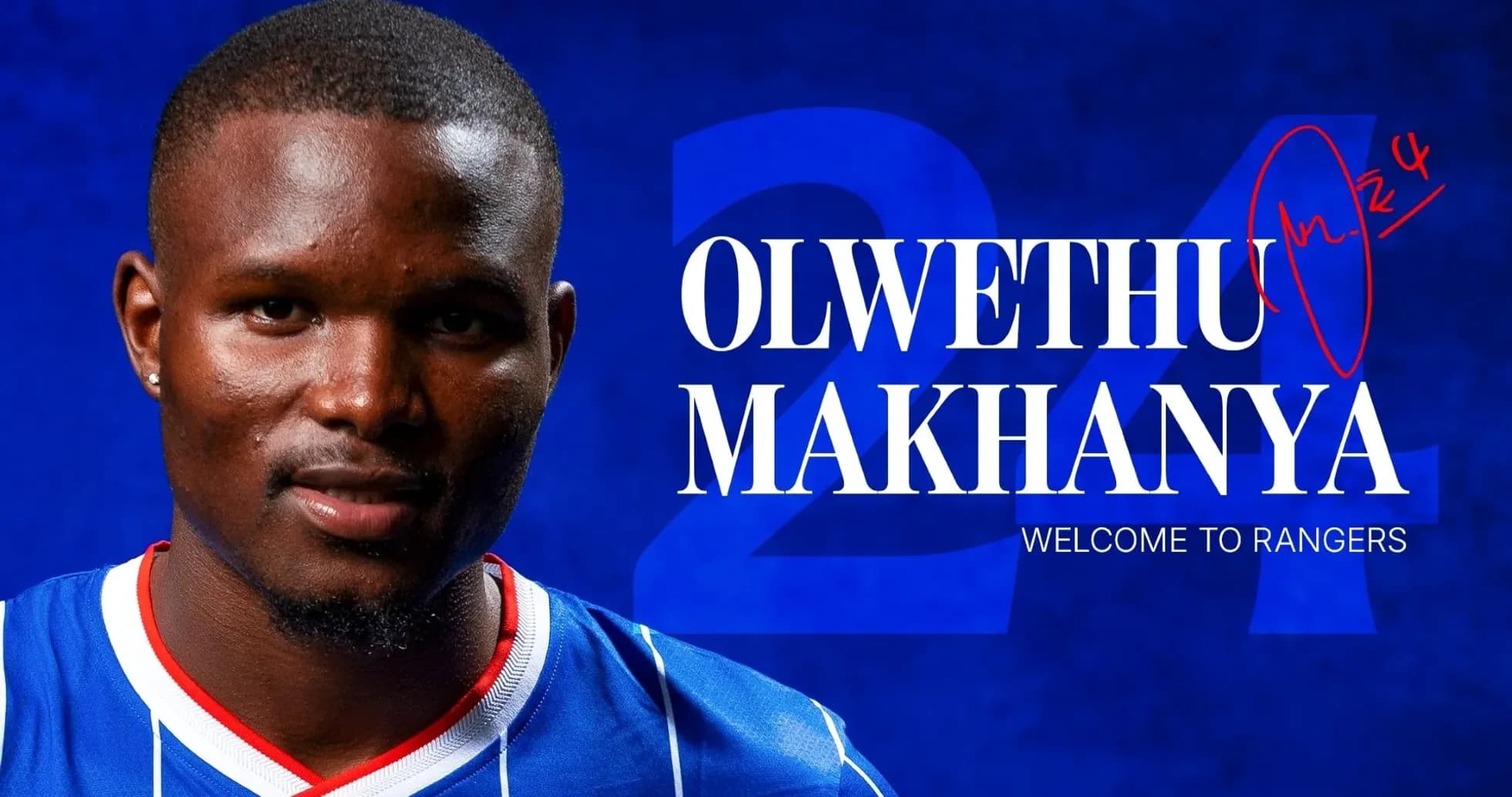 Olwethu Makhanya in Rangers jersey with welcome text