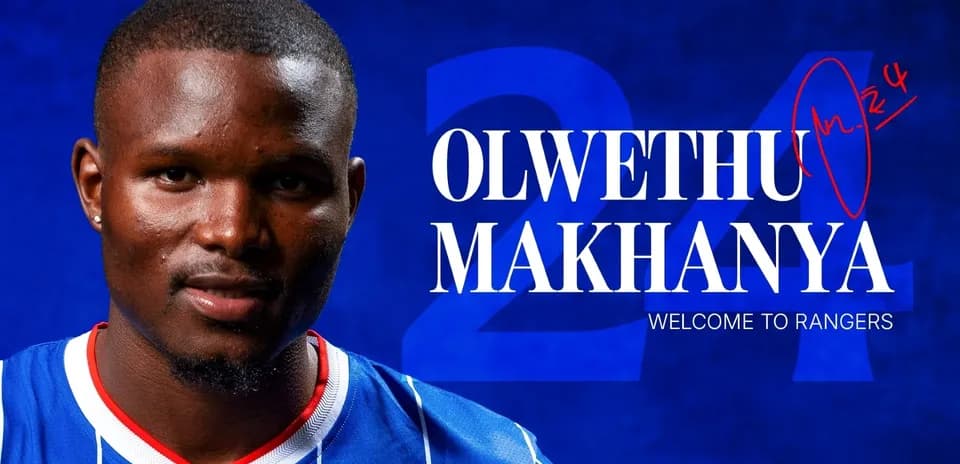 Olwethu Makhanya in Rangers jersey with welcome text