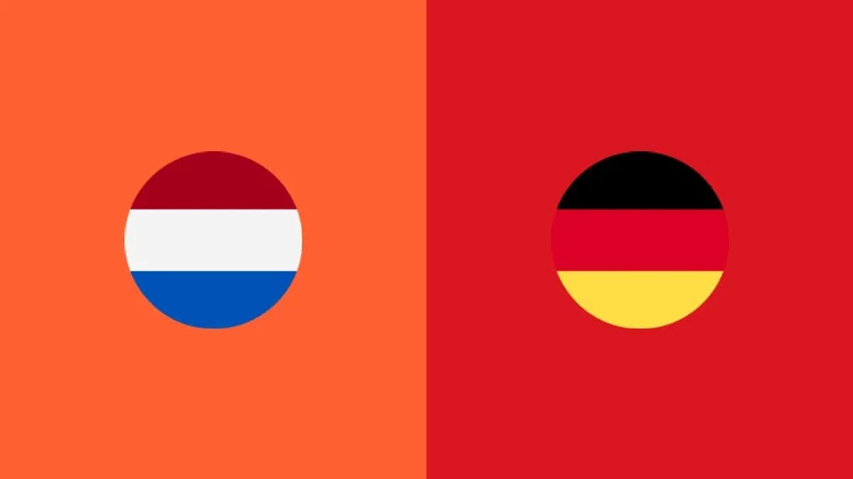 Flags of Netherlands and Germany on contrasting backgrounds