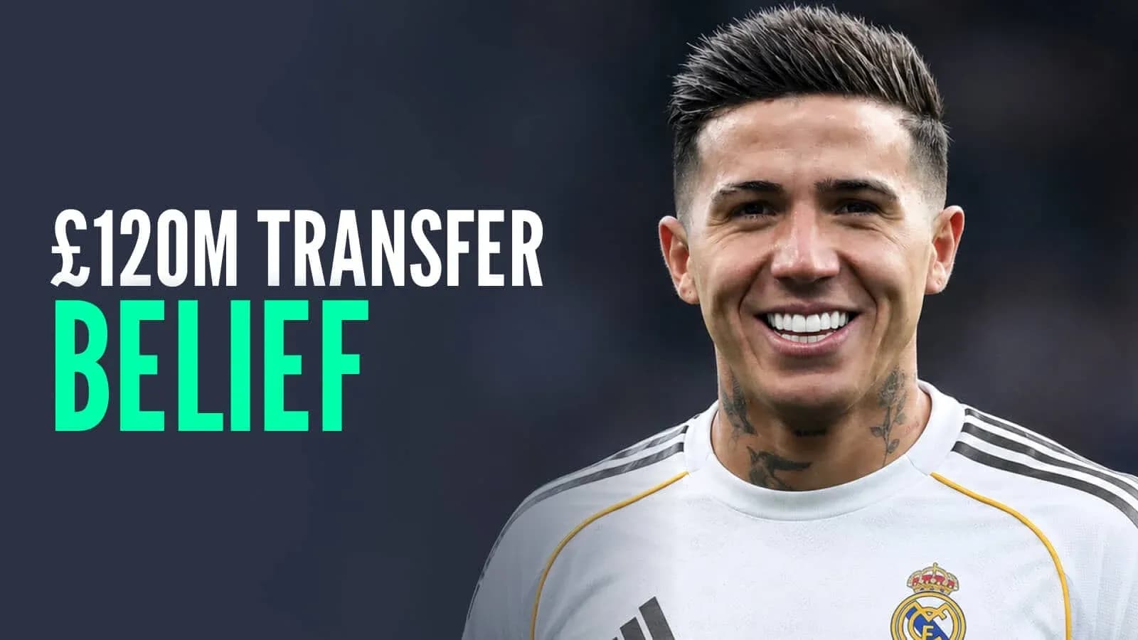 Player smiling in Real Madrid jersey with transfer details