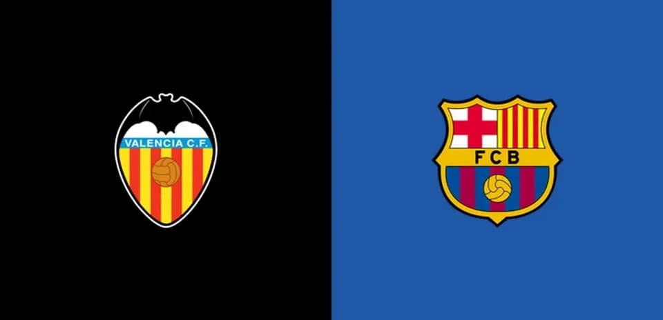 Valencia C.F. and FCB logos on contrasting backgrounds
