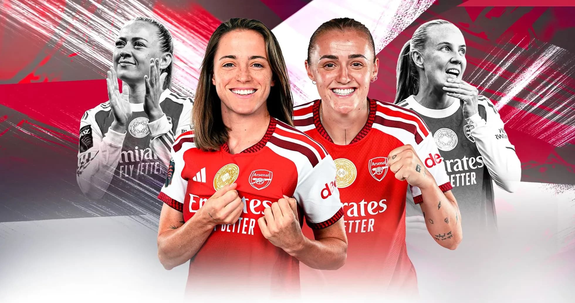 Arsenal women's players posing in team jerseys