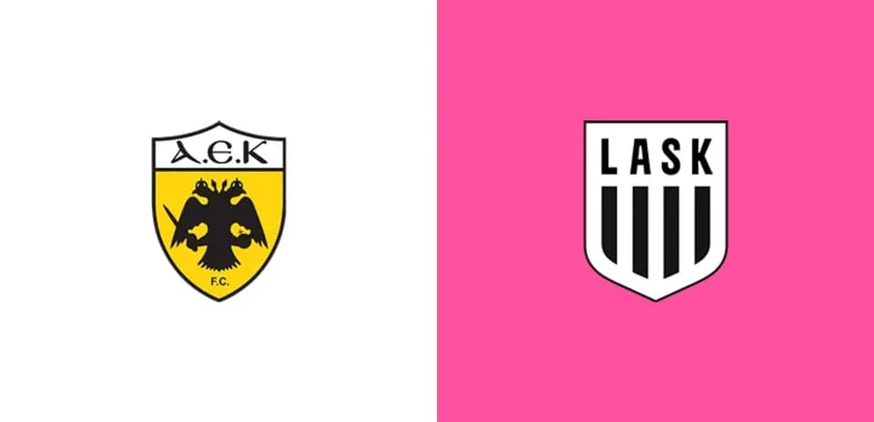 Logos of A.E.K. and LASK football clubs