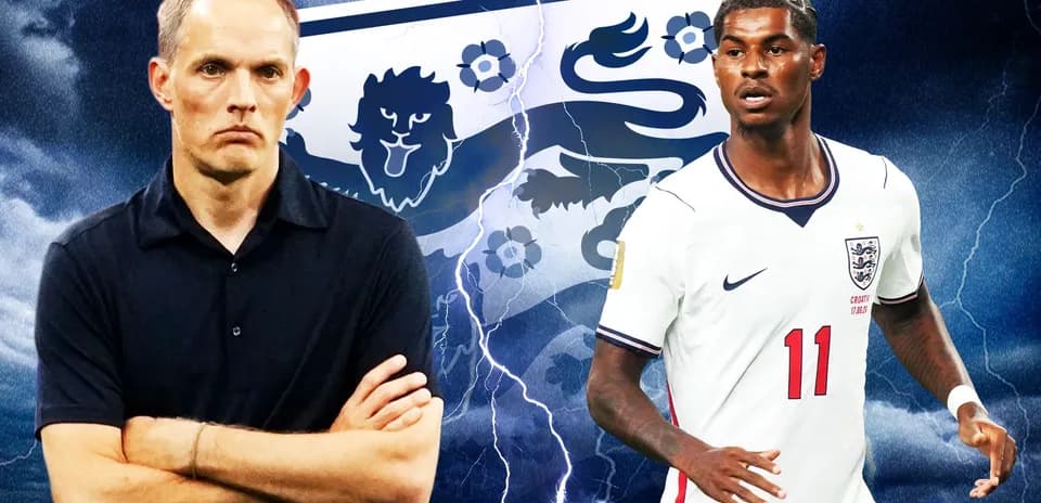 Thomas Tuchel and Marcus Rashford with England background