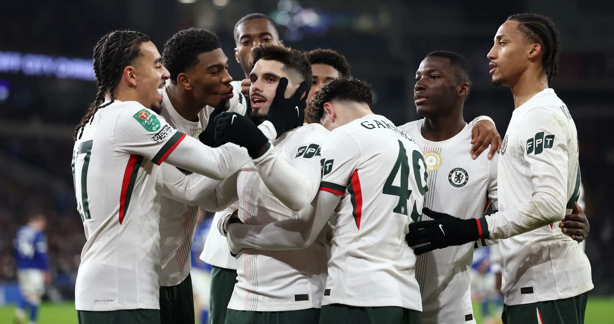 Chelsea players celebrating a goal together