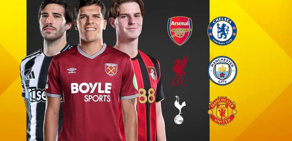 Three football players wearing club jerseys with logos