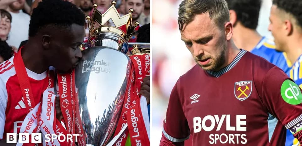 Player celebrating with Premier League trophy, another looking disappointed