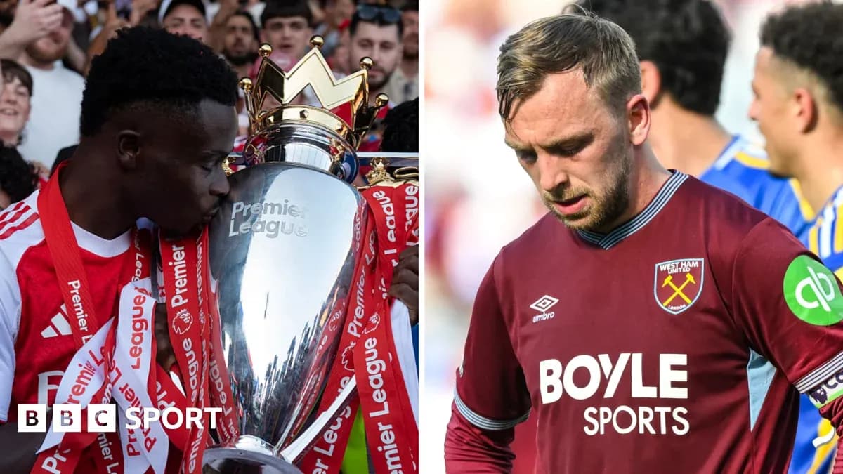 Player celebrating with Premier League trophy, another looking disappointed