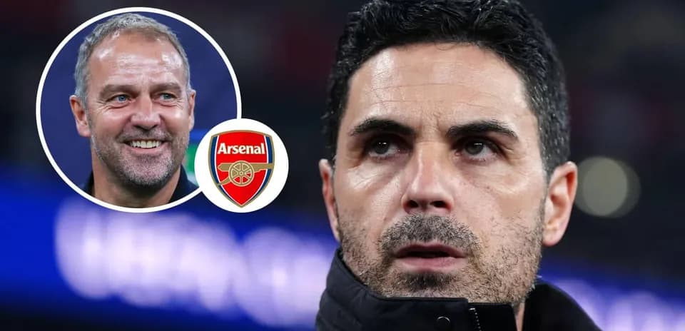 Mikel Arteta during match with Arsenal logo overlay