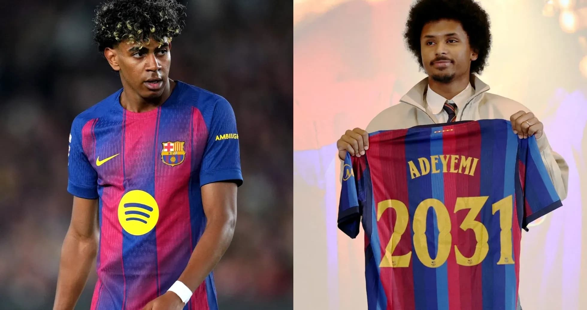 Two players in Barcelona jerseys, one with a shirt