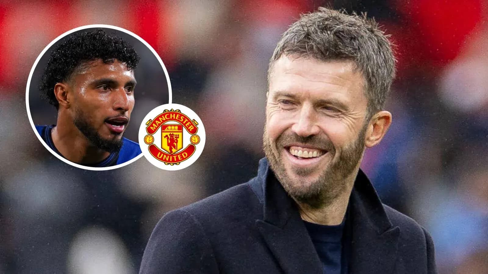 Michael Carrick smiling with Manchester United logo