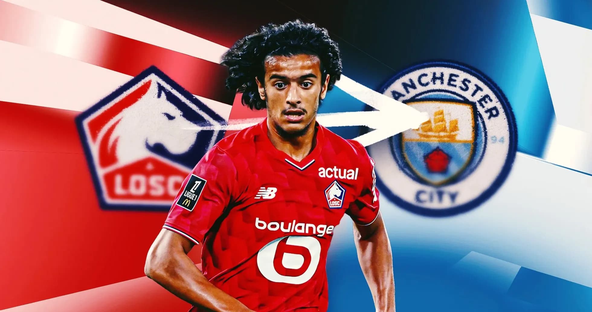 Futbolçu LOSC formasında, Manchester City logosu arxasında